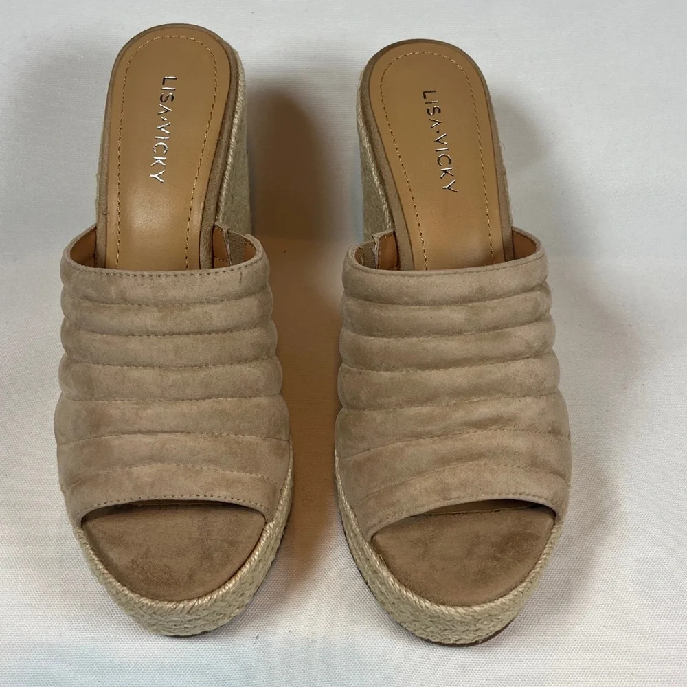 Lisa Vicky Gogo Taupe Suede Quilted Espadrille Wedge Mules Platform Sandals NIB